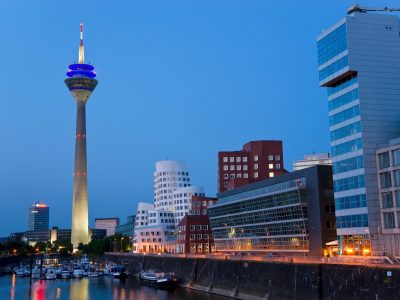 Rhine Tower and Dusseldorf Media Harbour at dusk, Dusseldorf, Germany